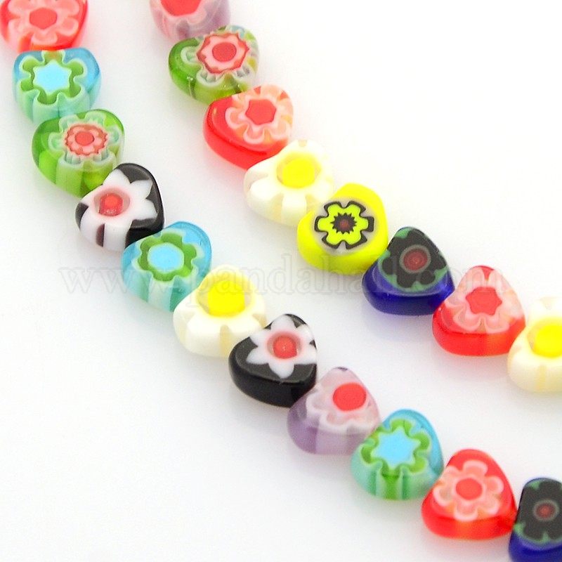 Handmade Millefiori Glass Bead Strands, Heart, Mixed Color, 6x6x3mm, Hole: 1mm; about 75pcs/strand, 16
