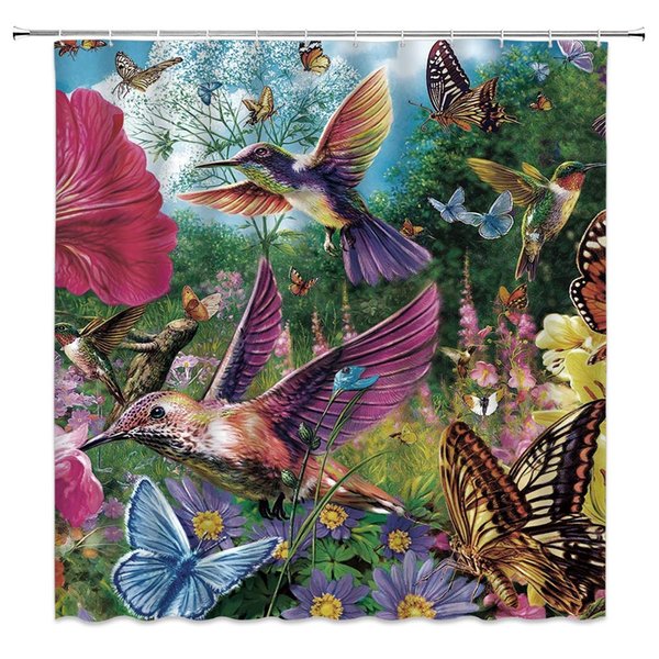 Hummingbird Butterfly Shower Curtain Fantastic Colorful Natural Beauty Garden Green Jungle Oil Painting, 70x70 Inch Polyester