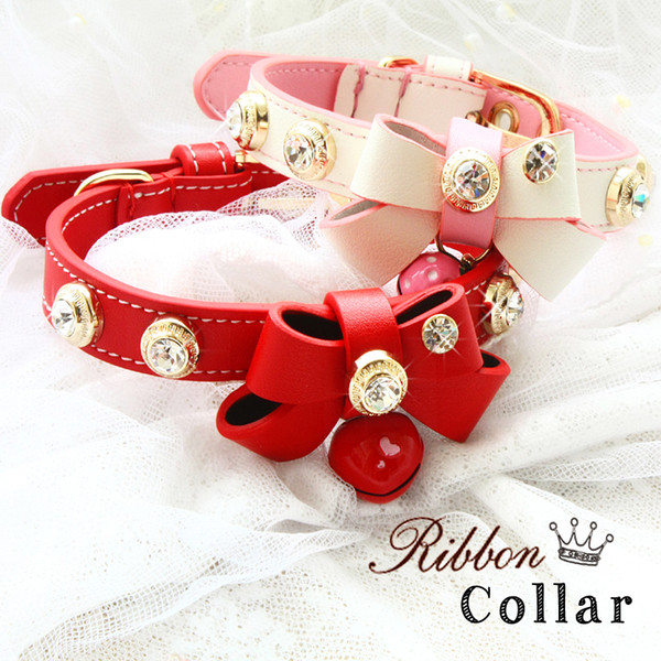 Dog collars leash pet accessories cat collar Real lychee pattern cowhide soft leather cattlehide calfskin cowskin bow tie diamond