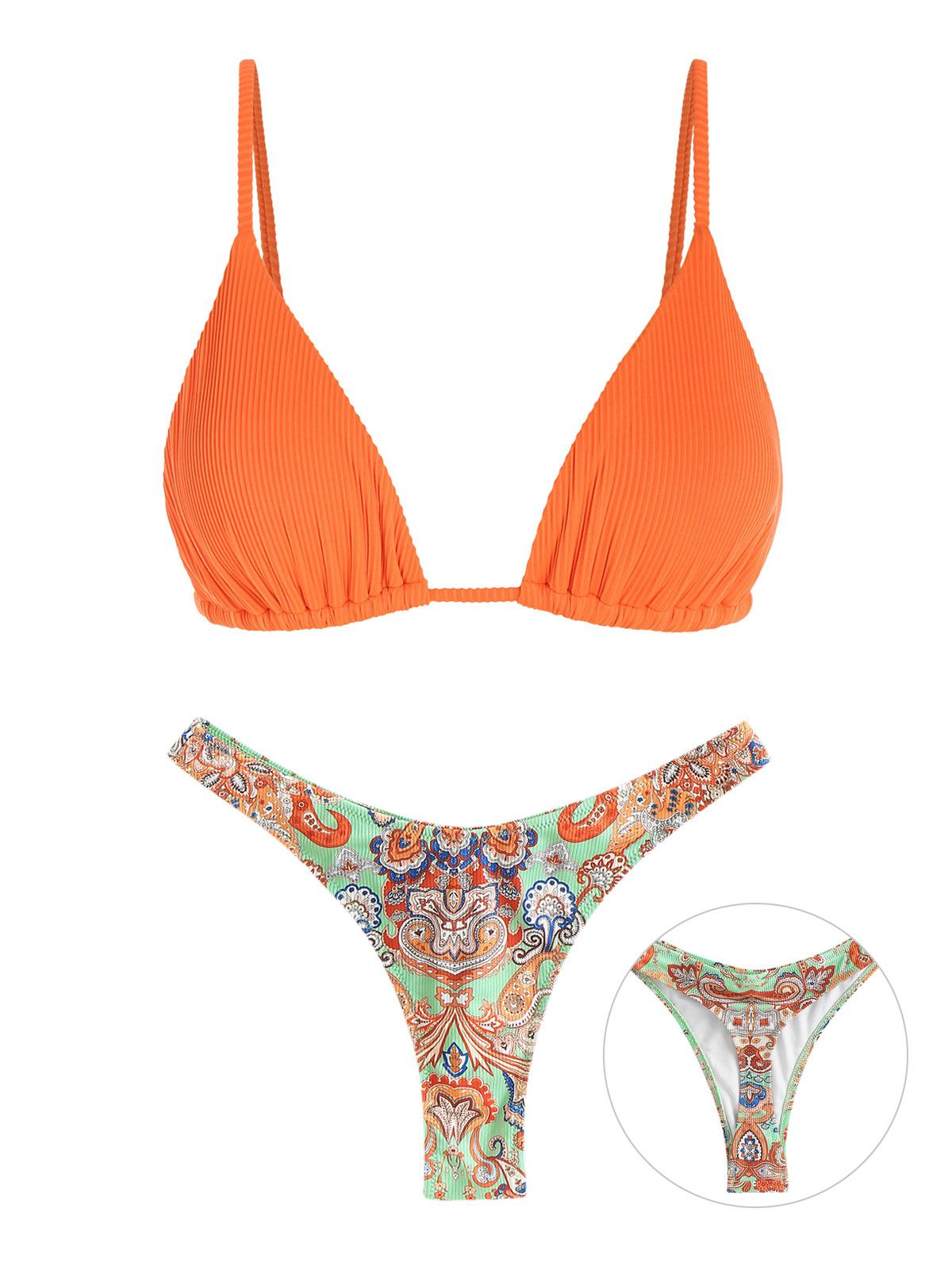 Textured Triangle Ribbed Ethnic Print Thong Bikini Bottom S Orange
