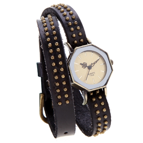 Women Lady Quartz Wrist Watch Vintage Rivets Octagon Bronze Wrap Strap Bracelet