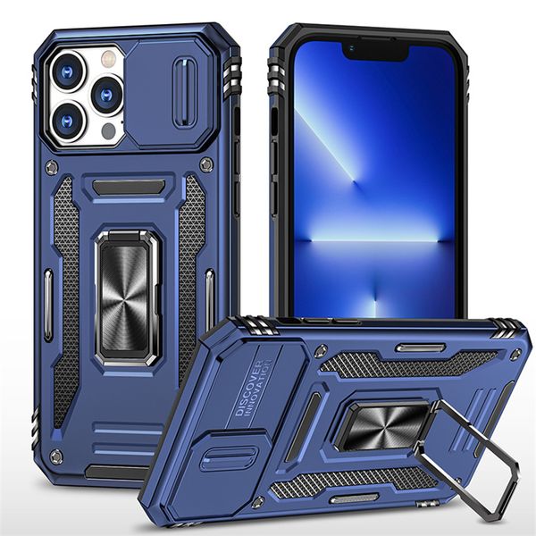 Shockproof Lens Protective Slider Door Mobile Phone cases Ring Holder Kickstand Combo For iphone 14 pro max 13 12 11 XR XS 8 7 Cover B2