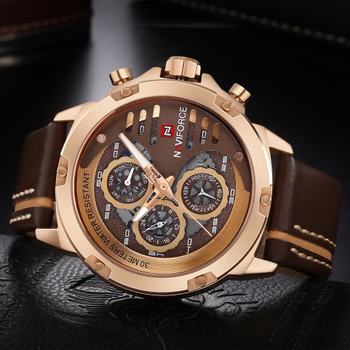 NAVIFORCE Fashion Casual Quartz Watch 3ATM Water-resistant Men Watches Luminous Genuine Leather Wristwatch Male Calendar