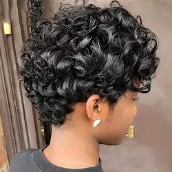 Human Hair Wig with Bang Full Machine Made Curly For Women Short Curly Wig Pixie Cut Brazilian Hair None Lace 150% Density Capless Wig Natural Black Lightinthebox