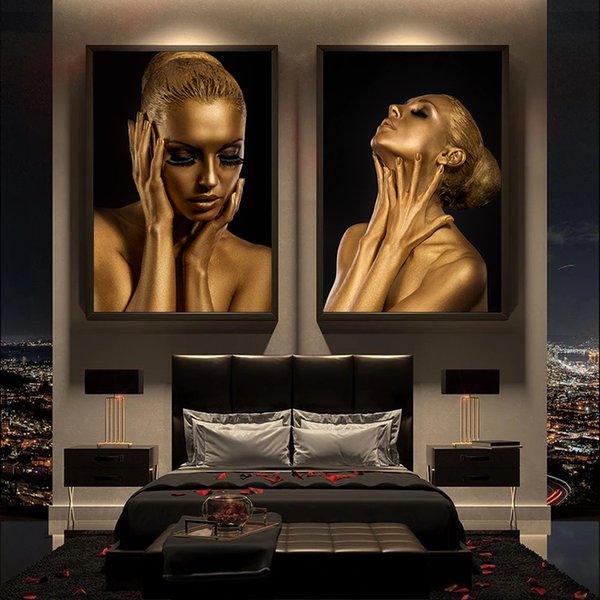 Black and Gold Woman Canvas Paintings Modern Luxury Decorative Pictures Poster Print Wall Painting for Living Room Home Decor