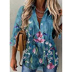 Women's Floral Theme Blouse Shirt Floral Print Shirt Collar Casual Streetwear Tops Blue Gray Green / 3D Print miniinthebox