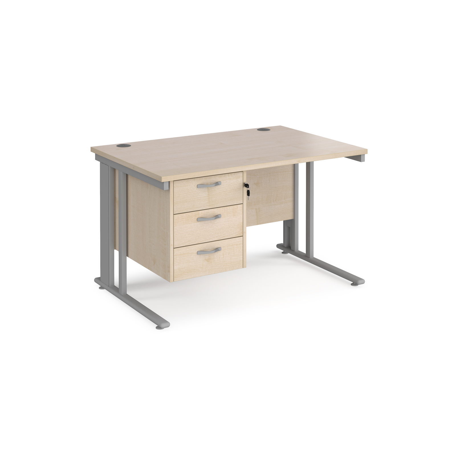 Maestro 25 straight desk 1200mm x 800mm with 3 drawer pedestal - silver cable managed leg frame, maple top