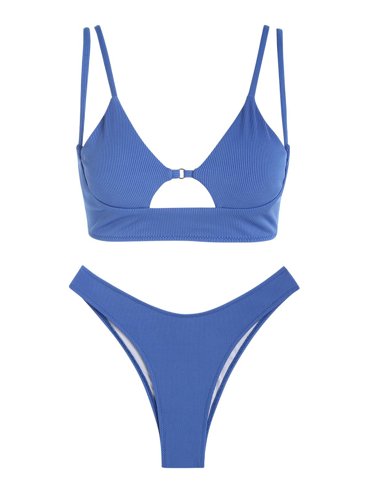 ZAFUL High Leg Brazilian Ribbed Double Strap Cut Out Bikini Swimwear Blue