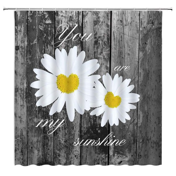 Daisy Shower Curtain White Yellow Rustic Floral Daisy You are My Sunshine Inspirational Quotes on Gray Old Wood Board Fabric