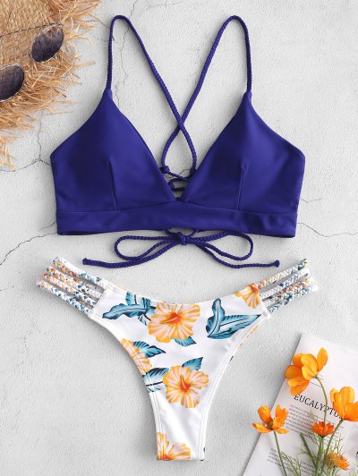 ZAFUL Lace-Up Braided Flower Bikini Set