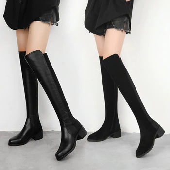 Women Boots Slim Sexy Over-The-Knee Boots Fashion Suede and Leather Thigh High Boots Female Winter Boots Bota 2019