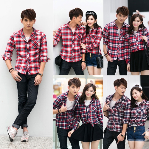 Korean Fashion Men Shirt Plaid Check Pattern Turn-down Collar Long Sleeve Pocket Casual Tops for Couple