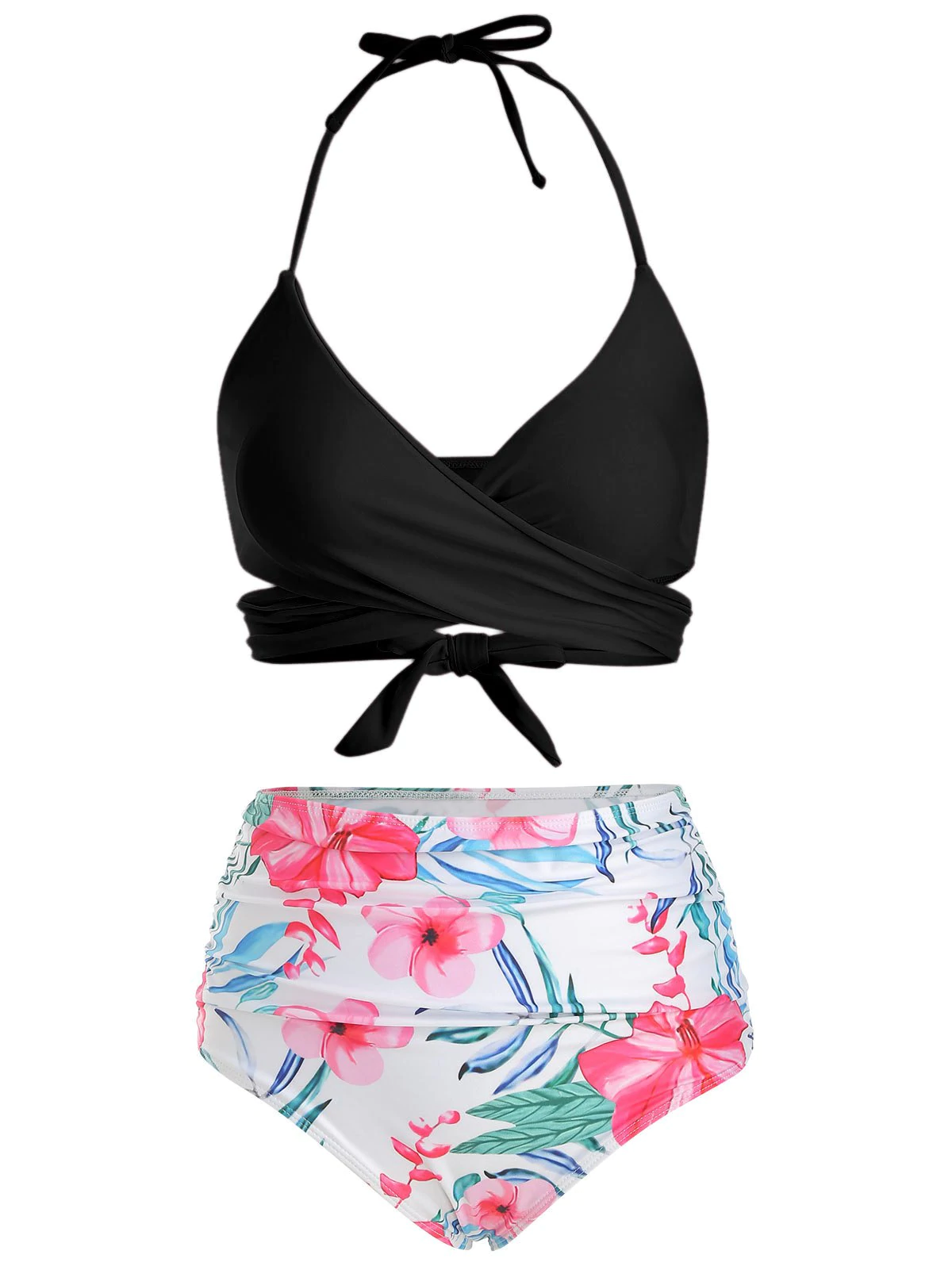 Floral Print Ruched Wrap Bikini Swimsuit