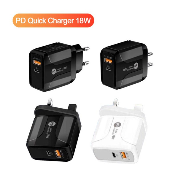 Type-C 20W PD and QC 3.0 Fast Wall Phone Charger with US EU UK Plug for IPhone Ipad Xiaomin Huawei Mobile Phone DHL FREE SHIPPING