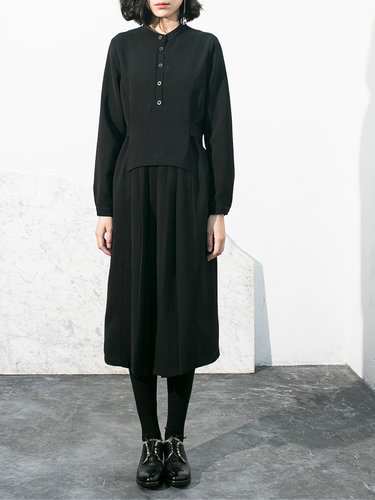 Black Stand Collar Long Sleeve Pleated Casual Midi Dress