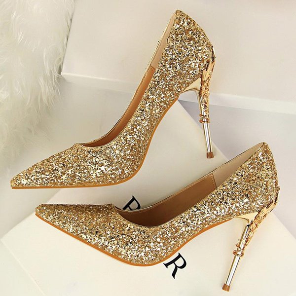 Dress Shoes 2021 Women 9.5cm Stiletto High Heels Fetish Pumps Lady Glitter Pointed Toe Bling Luxury Sexy Party Scarpins Silver